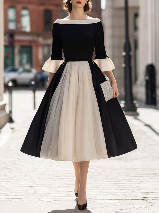 Off-Shoulder Contrast Panel Flared Midi Dress