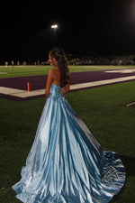 Gorgeous A Line Scoop Neck Light Blue Satin Long Prom Dress with Rhinestones VK25100705