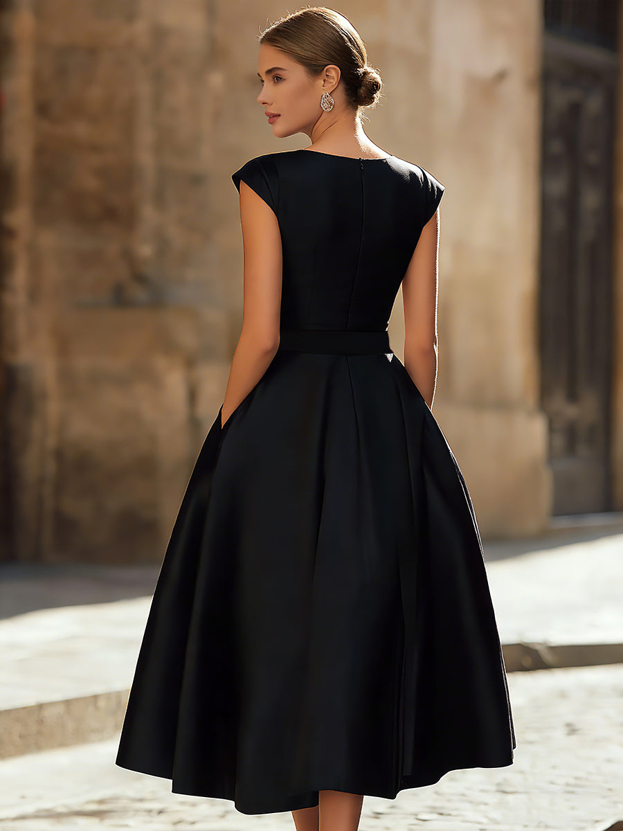 Elegance Boat-Neck A-Line Midi Wedding guest Dress With Oversized Side Bow