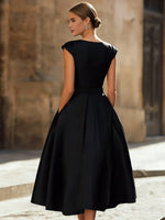 Elegance Boat-Neck A-Line Midi Wedding guest Dress With Oversized Side Bow