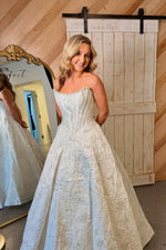 Cute A Line Scoop Neck White Jacquard Satin Prom Dress