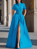 High-Slit Belted Mandarin-Collar Maxi Evening Dress