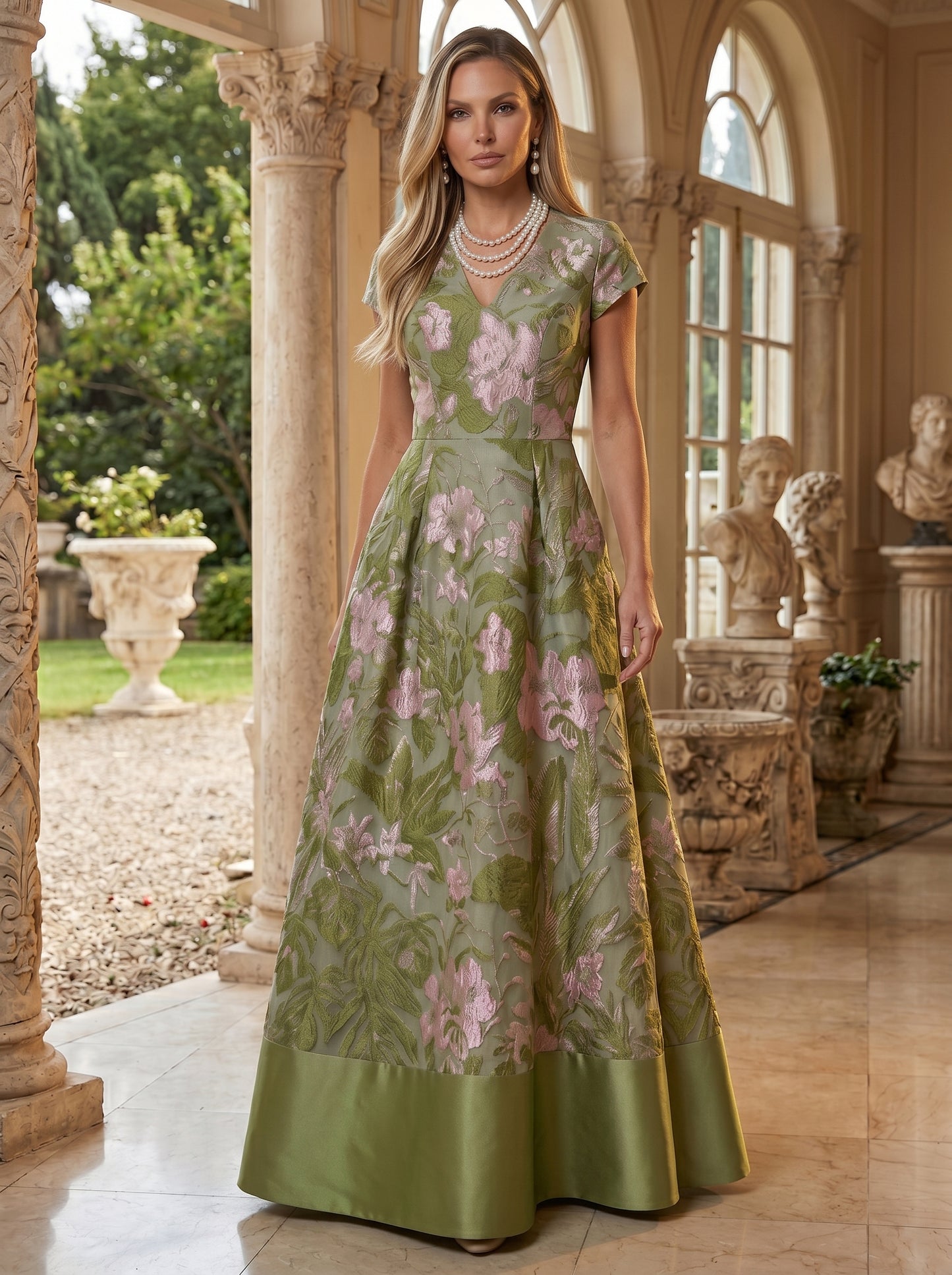 A-Line Floral Jacquard Floor-Length Mother of the Bride with V-Neck, Cap Sleeves
