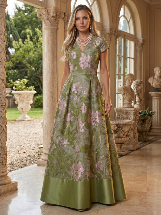 A-Line Floral Jacquard Floor-Length Mother of the Bride with V-Neck, Cap Sleeves