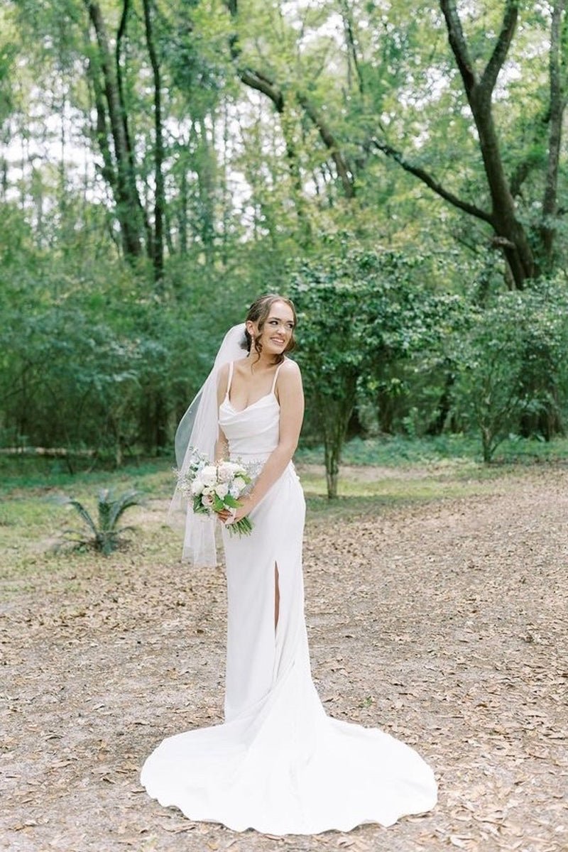 Charming Mermaid Cowl Neck Satin Wedding Dress with Slit