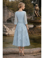 3/4 Sleeve A-Line Floral Print A-Line Tea-Length Evening Dress