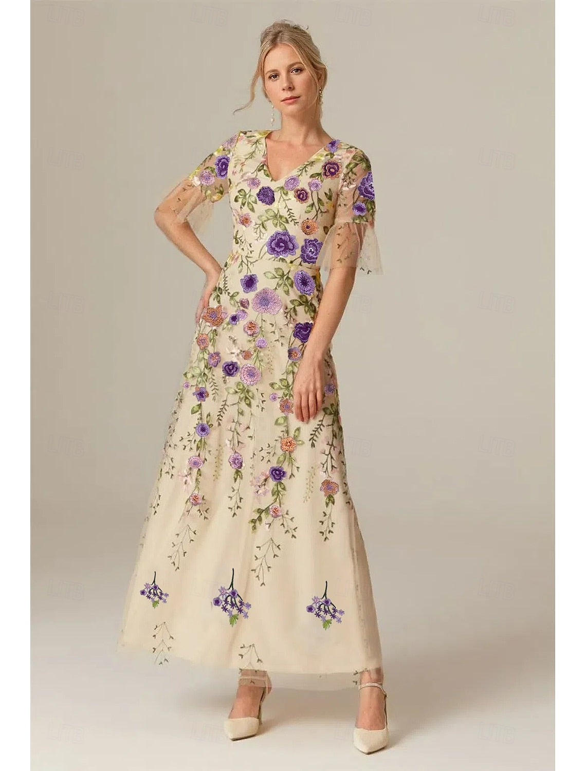 Flowers Applique Half Sleeve A-Line Ankle-Length Evening Dress