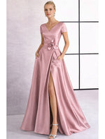 Elegant V-Neck Flowers A-Line Side Slit Floor-Length Evening Dress