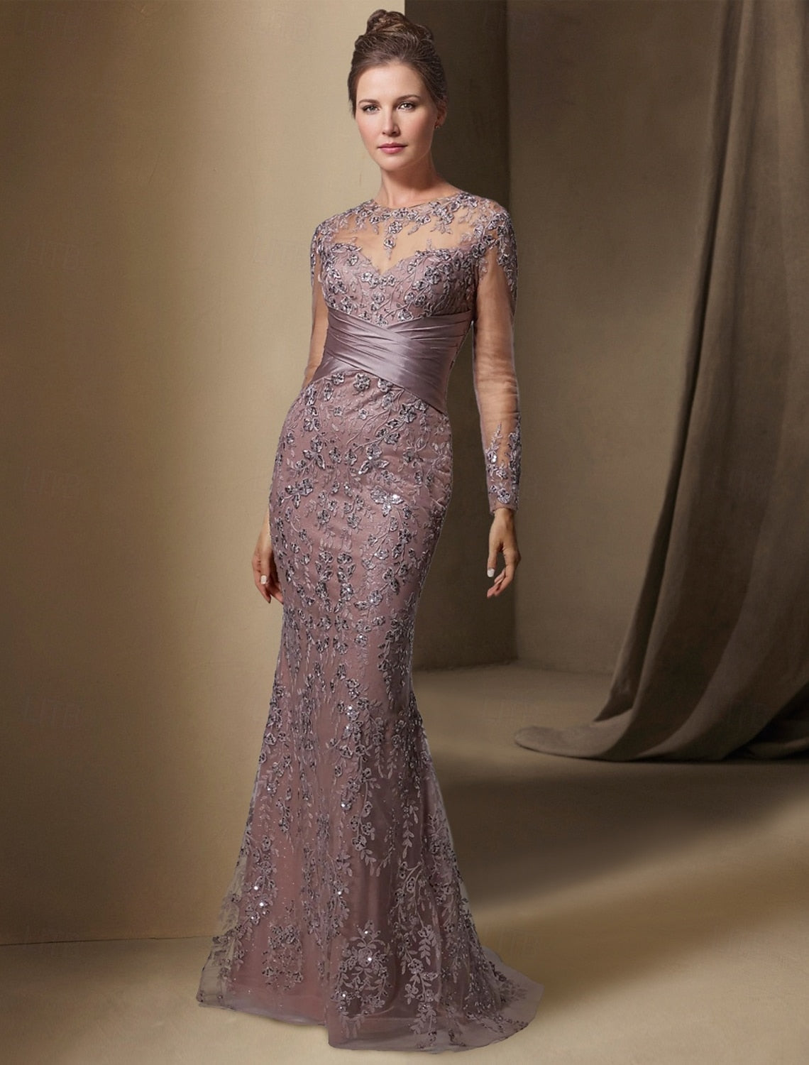 Lace Applique Long Sleeve Mermaid Court Train Evening Dress