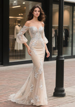 Off The Shoulder Long Sleeves Appliques Champange Wedding Dress