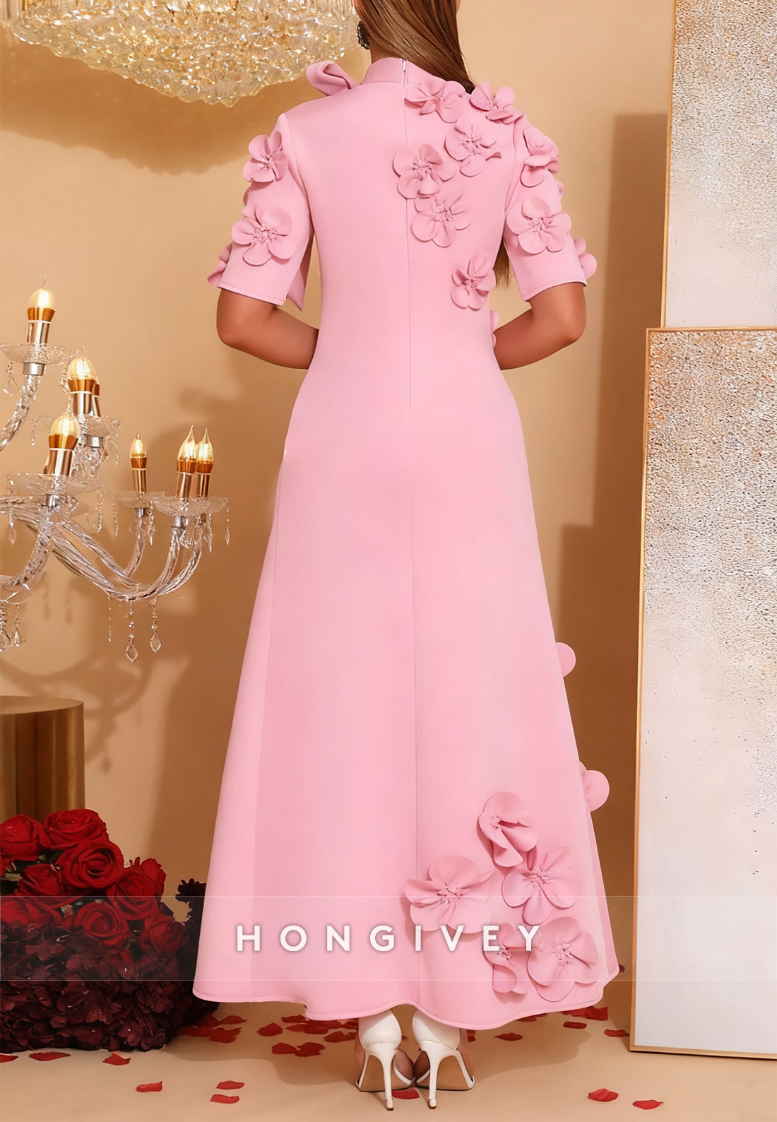 Pink A-Line High Neck Bowknot Half Sleeves Mother of the Bride Dress with 3D Flowers