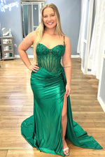 Stunning Mermaid Spaghetti Straps Long Glitter Prom Dress with High Slit
