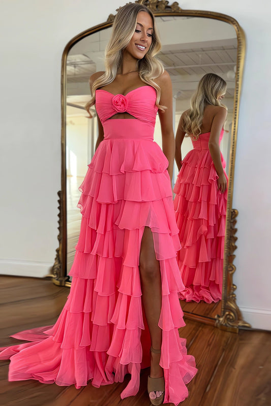A Line Chiffon Prom Dresses for Women Strapless Tiere Ruffled Evening Party Dresses