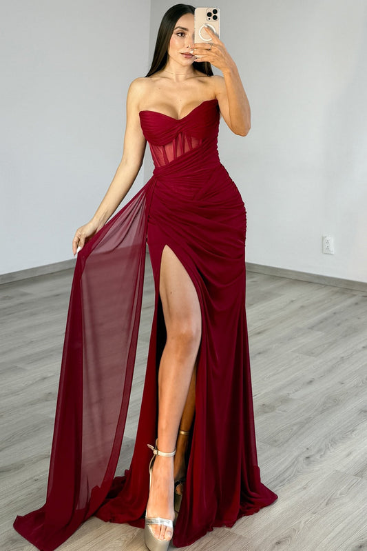 Strapless Chiffon Long Prom Dresses Sweetheart Mermaid Evening Gowns