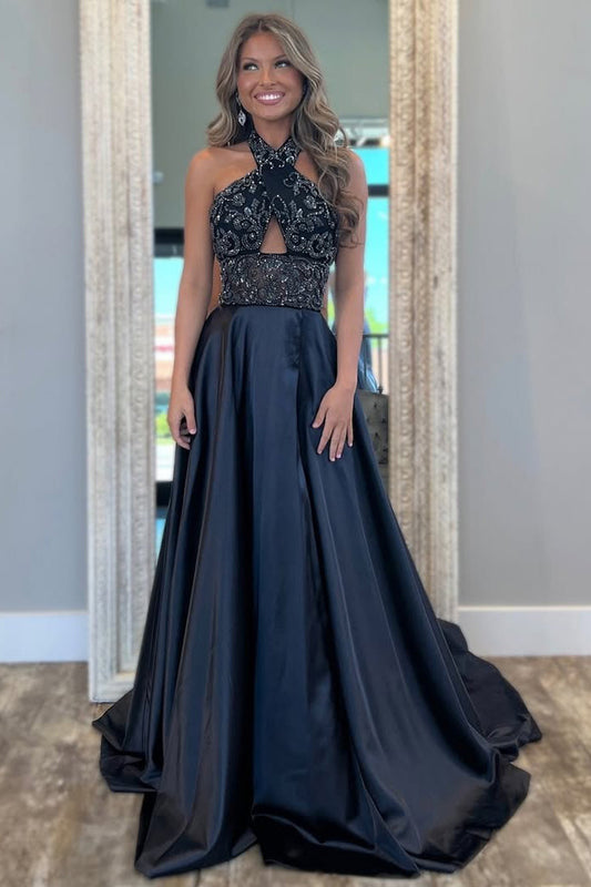 A Line Satin Beaded Long Prom Dresses Black Evening Gowns with Keyhole HE262