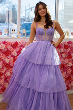 A Line Lilac Tulle Ruffles Prom Dresses Long Appliques Corset Evening Gowns
