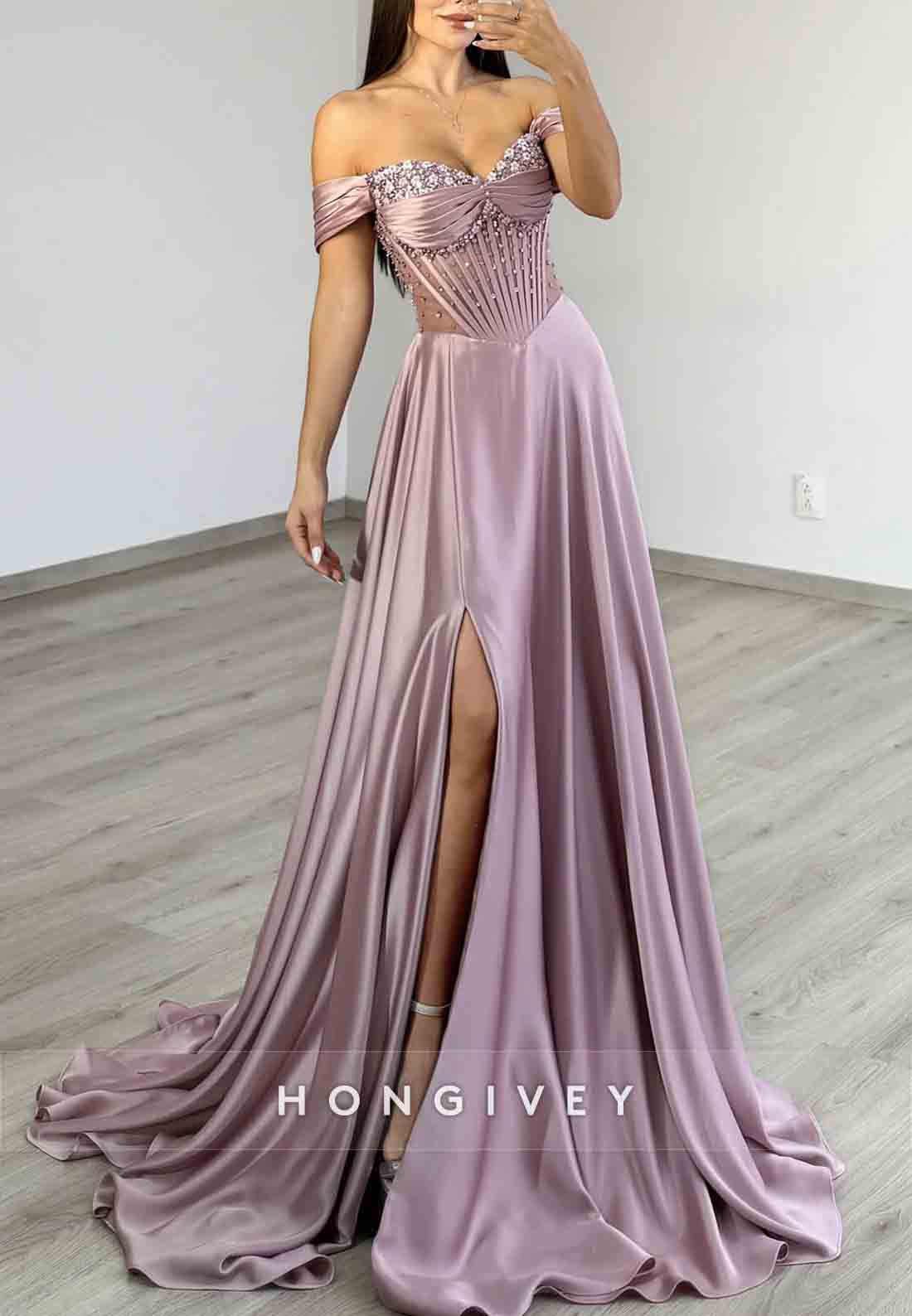 Satin Beaded Flowers A-Line Prom Dresses Long Sweetheart Party Evening Gowns