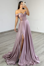 A Line Satin Beaded Prom Dresses Long Sweetheart Party Evening Gowns