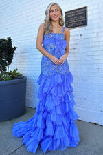 Mermaid Lace Beaded Prom Dresses for Women Evening Gowns with Chiffon Ruffles