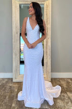 Glittery Sequins V Neck Prom Dresses Long Mermaid Plus Size Evening Gowns