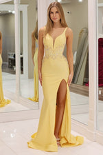 Satin Mermaid Lace Beaded Long Prom Dresses V Neck Evening Gowns with Slit