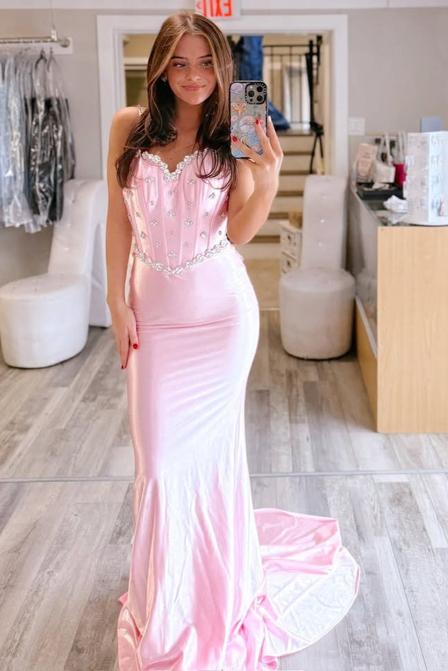Mermaid Bodycon Sweetheart Satin Beaded Prom Dresses Long for Women