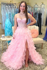 A Line Sweetheart Long Prom Dresses Tulle Lace Appliqued Ruffles Party Gowns