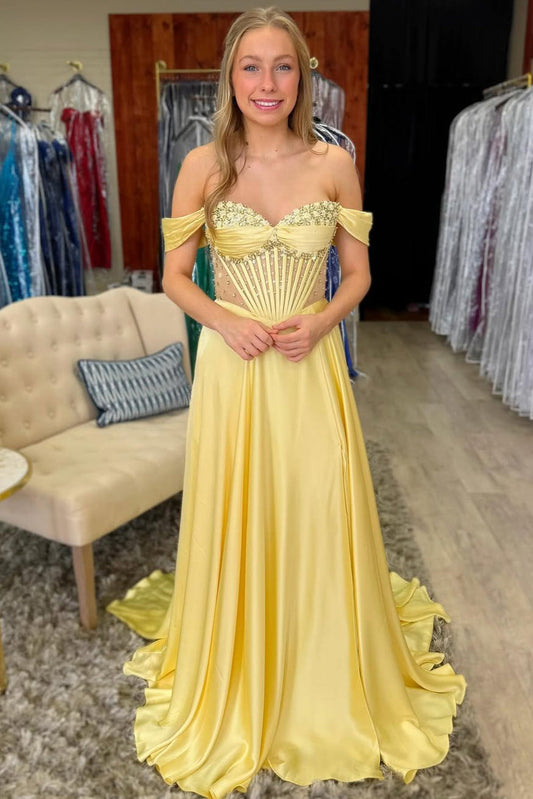 Women's Prom Dresses Long Satin Beaded A Line Corset Evening Party Dresses