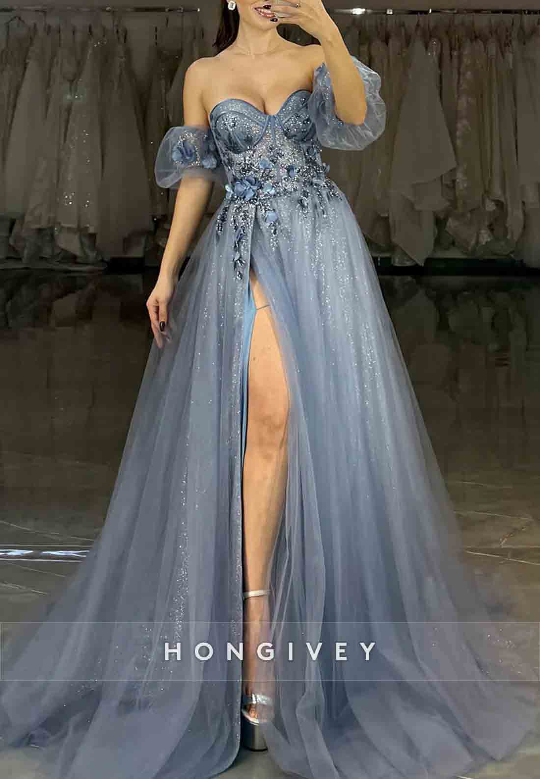 A-Line Sweetheart Off the Shoulder Prom Dresses Long Tulle Appliques Evening Gowns