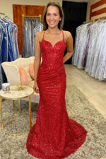 Mermaid Glittery Sequins Prom Dresses Long Sexy Backless Evening Party Dresses