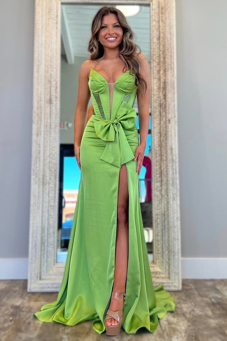Women's Green Prom Dresses Long Satin Beaded Sweetheart Formal Gowns with Slit