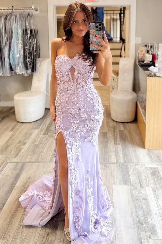 Sweetheart Tulle Lace Prom Dresses Long Appliqued Evening Party Gowns with Slit