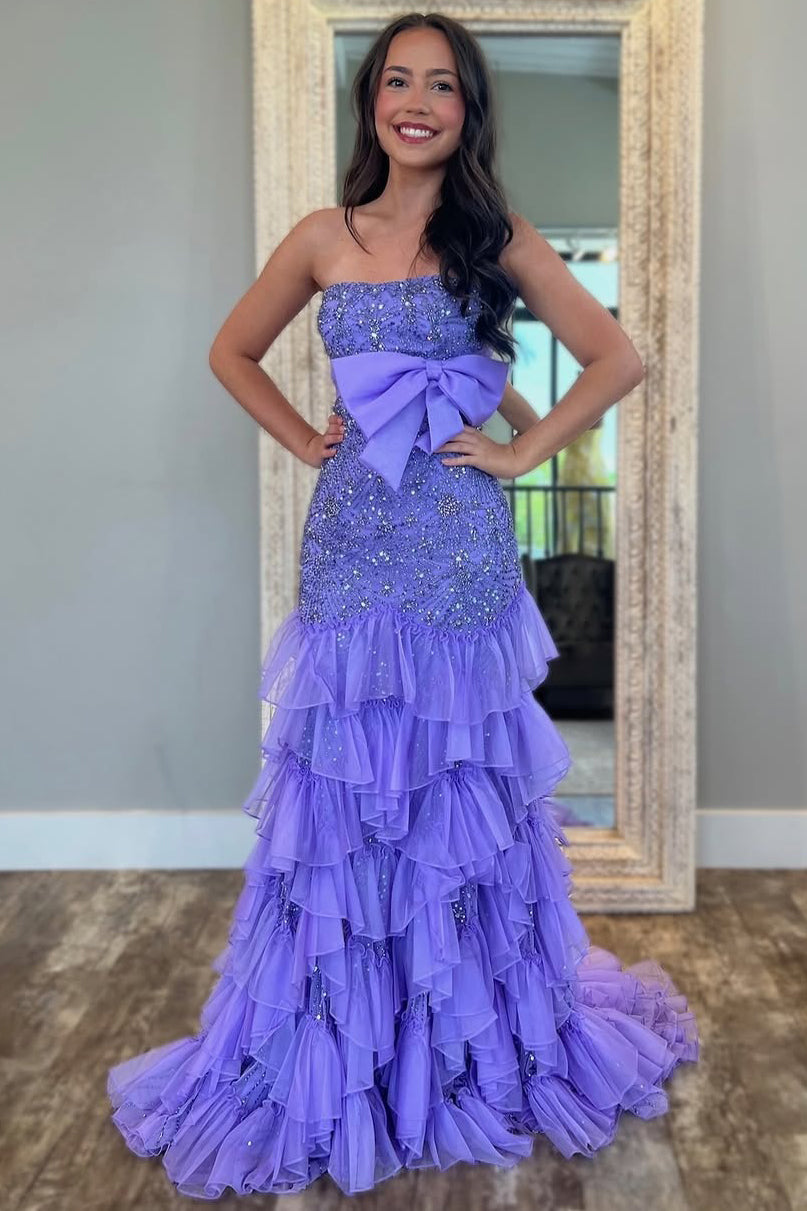 Women's Mermaid Long Prom Dresses Tulle Lace Beaded Evening Dresses with Ruffles