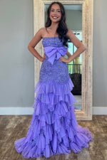 Women's Mermaid Long Prom Dresses Tulle Lace Beaded Evening Dresses with Ruffles