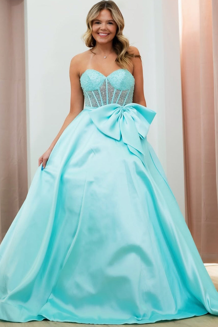 Sweetheart Corset A Line Prom Dresses Long Satin Beaded Party Dresses with Bow
