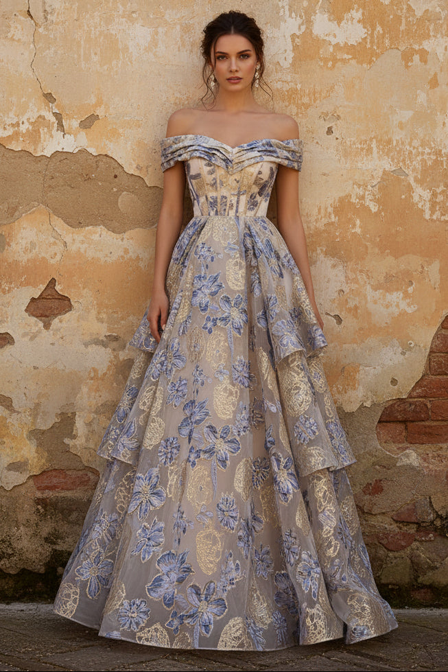 Dusty Blue Jacquard Off the Shoulder A Line Corset Long Tiered Prom Dress with Slit
