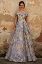 Dusty Blue Jacquard Off the Shoulder A Line Corset Long Tiered Prom Dress with Slit