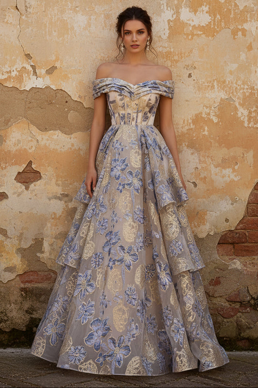 Dusty Blue Jacquard Off the Shoulder A Line Corset Long Tiered Prom Dress with Slit