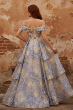 Dusty Blue Jacquard Off the Shoulder A Line Corset Long Tiered Prom Dress with Slit