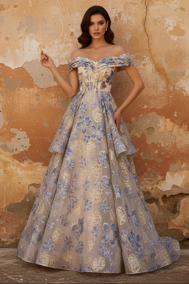 Dusty Blue Jacquard Off the Shoulder A Line Corset Long Tiered Prom Dress with Slit
