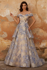 Dusty Blue Jacquard Off the Shoulder A Line Corset Long Tiered Prom Dress with Slit