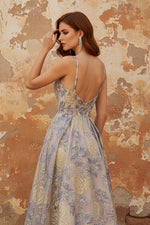 Dusty Blue Jacquard Spaghetti Straps A Line Corset Long Prom Dress with Slit