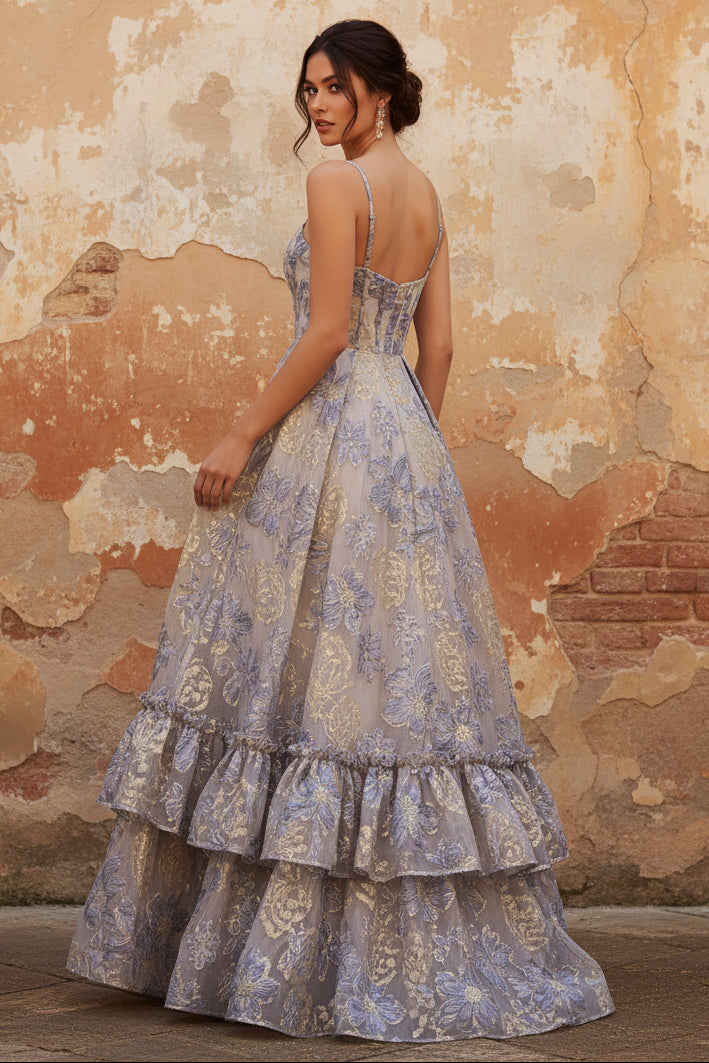 Dusty Blue Spaghetti Straps Jacquard Ruffled A Line Corset Long Prom Dress with Slit