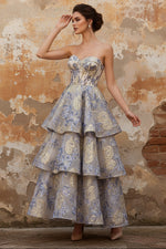 Dusty Blue Jacquard Strapless A Line Corset Tiered Prom Dress with Ruffles