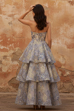 Dusty Blue Jacquard Strapless A Line Corset Tiered Prom Dress with Ruffles