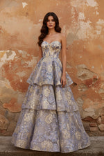Dusty Blue Jacquard Strapless A Line Corset Tiered Prom Dress with Ruffles