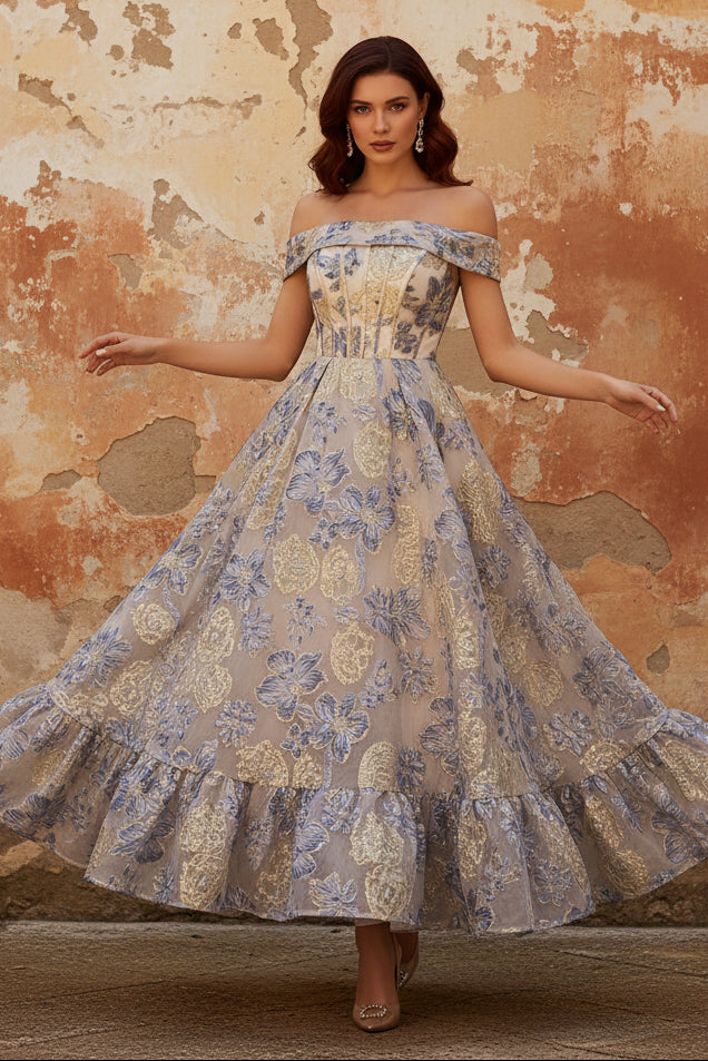 Dusty Blue Off the Shoulder Jacquard A Line Corset Prom Dress