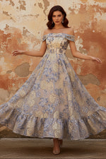 Dusty Blue Off the Shoulder Jacquard A Line Corset Prom Dress