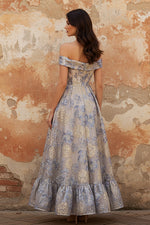 Dusty Blue Off the Shoulder Jacquard A Line Corset Prom Dress