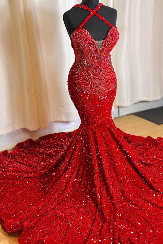Red Halter Sleeveless Mermaid Sequins Prom Dress Long With Beadings